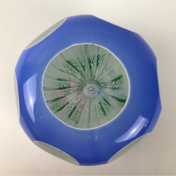 John Deacons Double Overlay Two Flower Lampwork Latticinio Faceted Paperweight - Picture 3 of 15